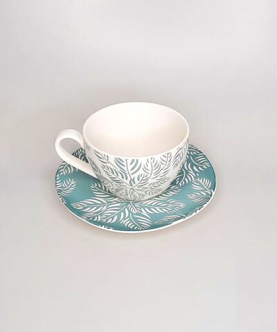 TAZA Y PLATO HOJAS EN RELIEVE VERDE